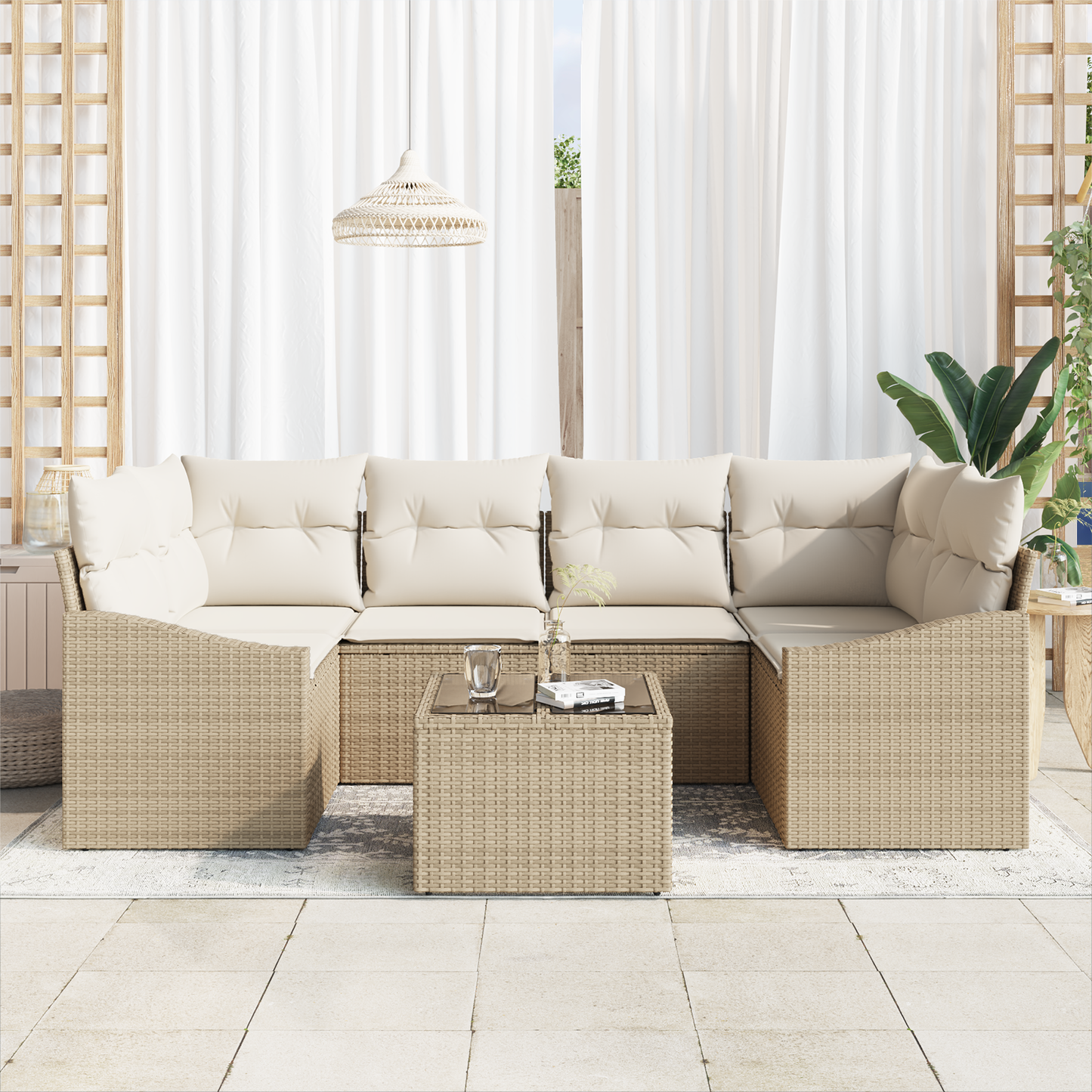 7 Delers Have Spisestue Sæt Med Puder Beige Poly Rattan