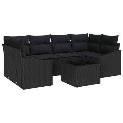 7 Delt Have Spisesæt Med Puder Sort Poly Rattan