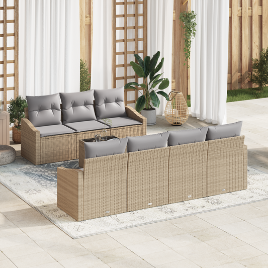8 Stykker Have Spisebord Sæt Med Puder Beige Poly Rattan