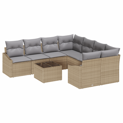 9-Delt Have Spisebord Sæt Med Puder Beige Poly Rattan