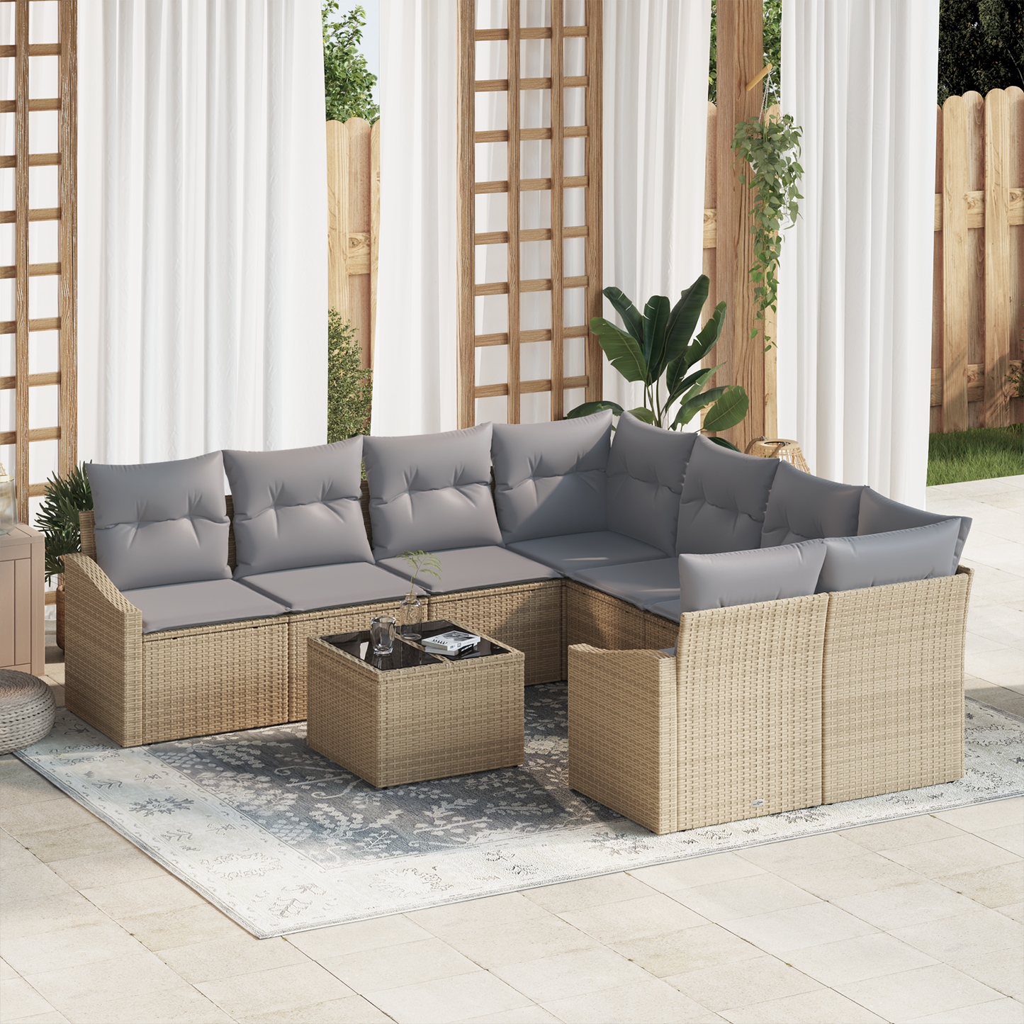 9-Delt Have Spisebord Sæt Med Puder Beige Poly Rattan