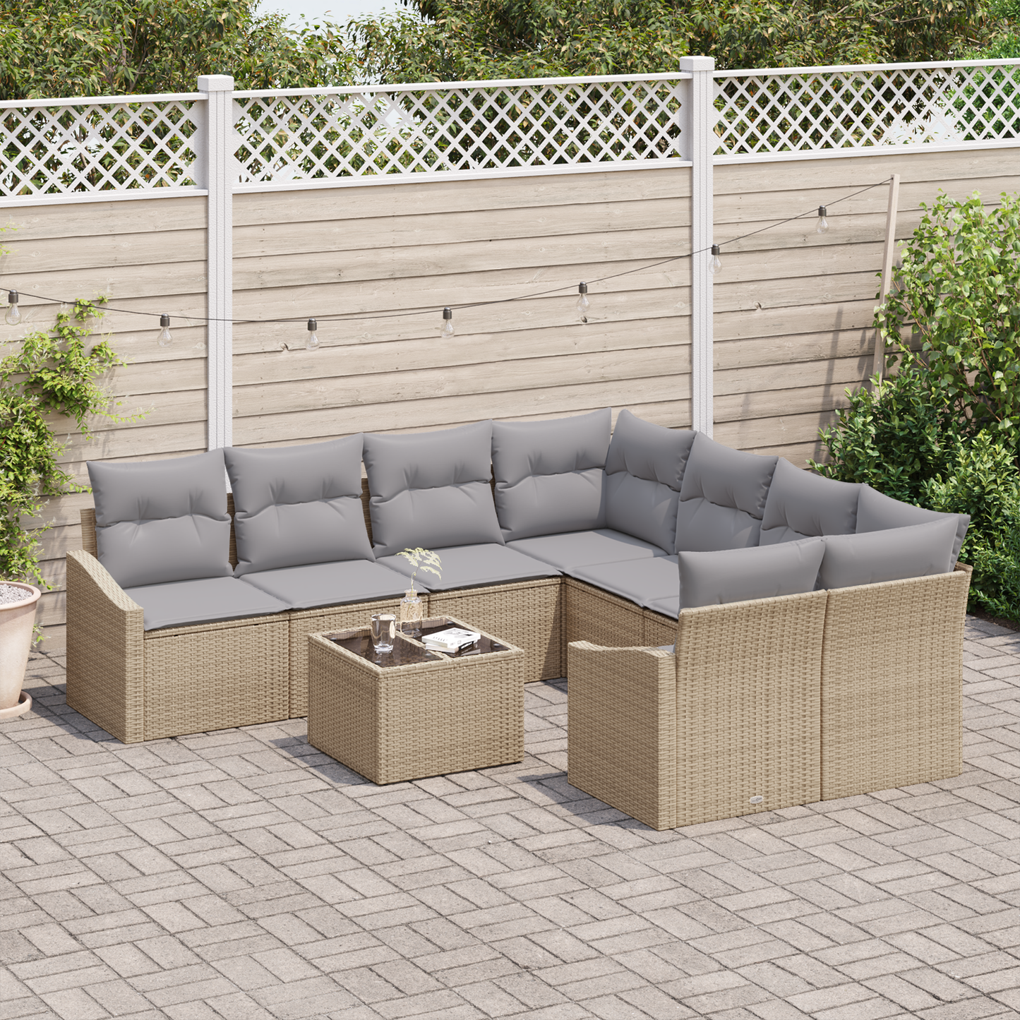 9-Delt Have Spisebord Sæt Med Puder Beige Poly Rattan