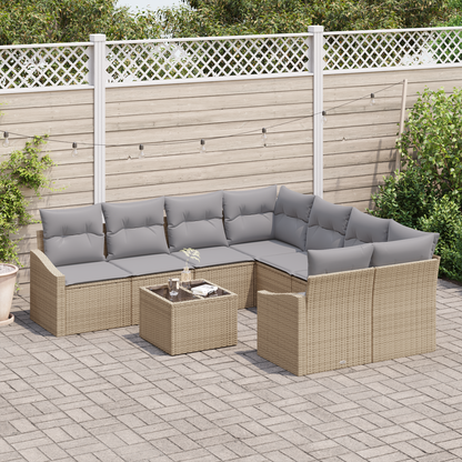 9-Delt Have Spisebord Sæt Med Puder Beige Poly Rattan