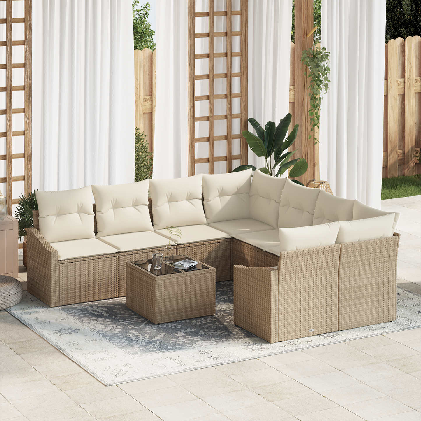 9 Personers Havemøbel Sæt Med Puder Beige Poly Rattan