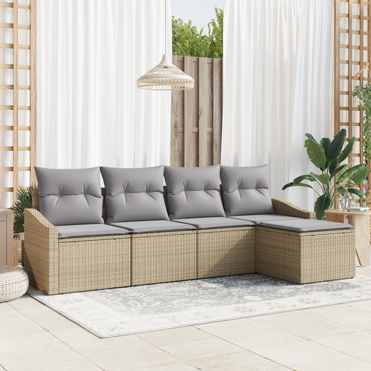 5 Delers Have Spisebord Sæt Med Puder Beige Poly Rattan
