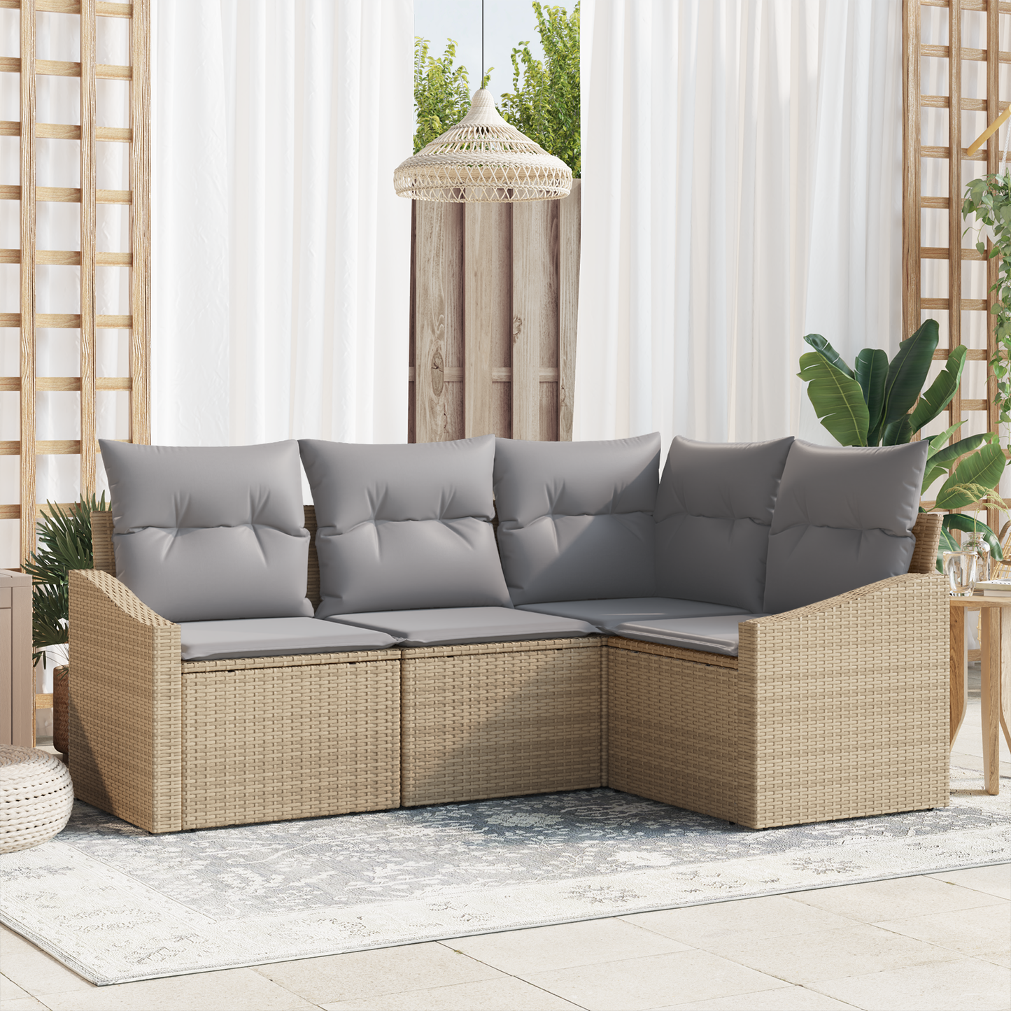 4 Delt Have Spisebordssæt Med Puder Beige Poly Rattan