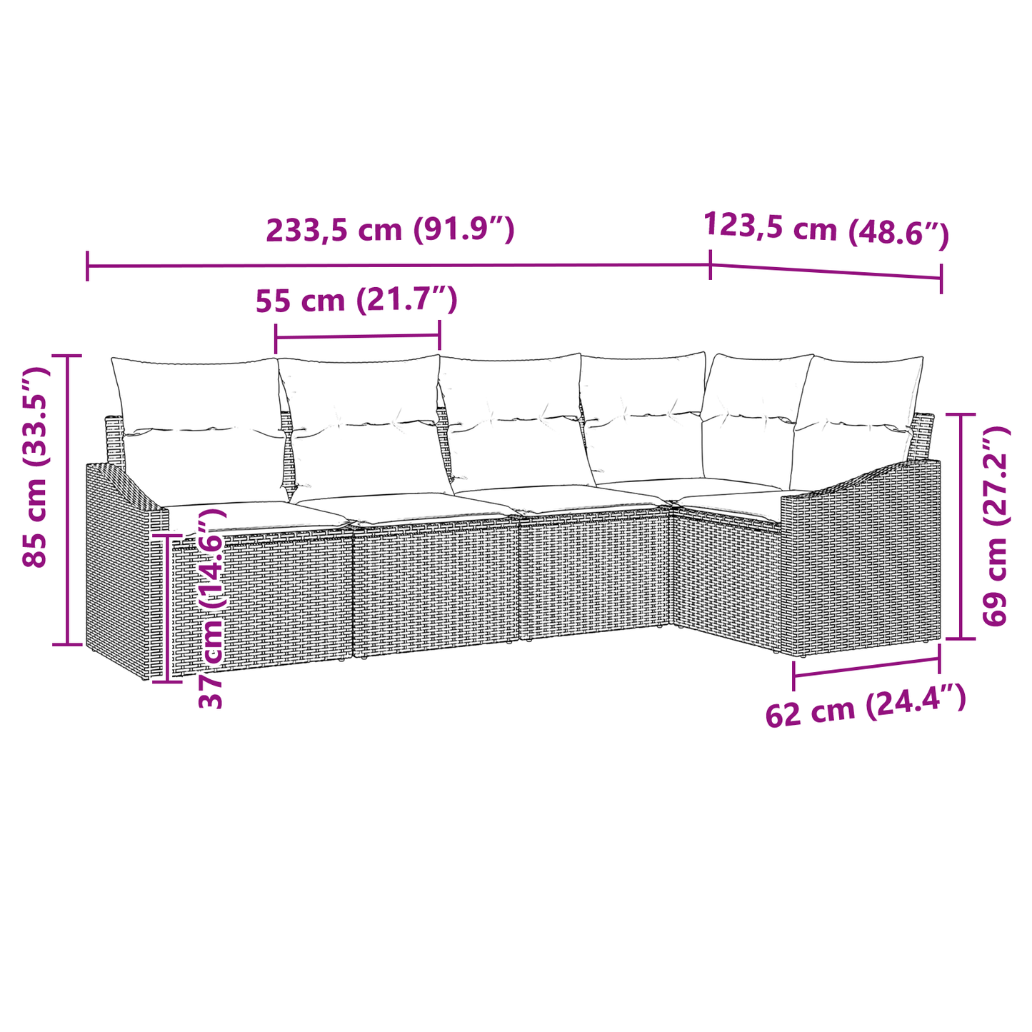 5 Delers Have Spisestel Med Puder Brun Poly Rattan