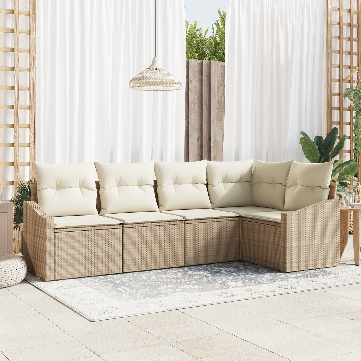 5-Delt Have Spisebord Sæt Med Puder Beige Poly Rattan