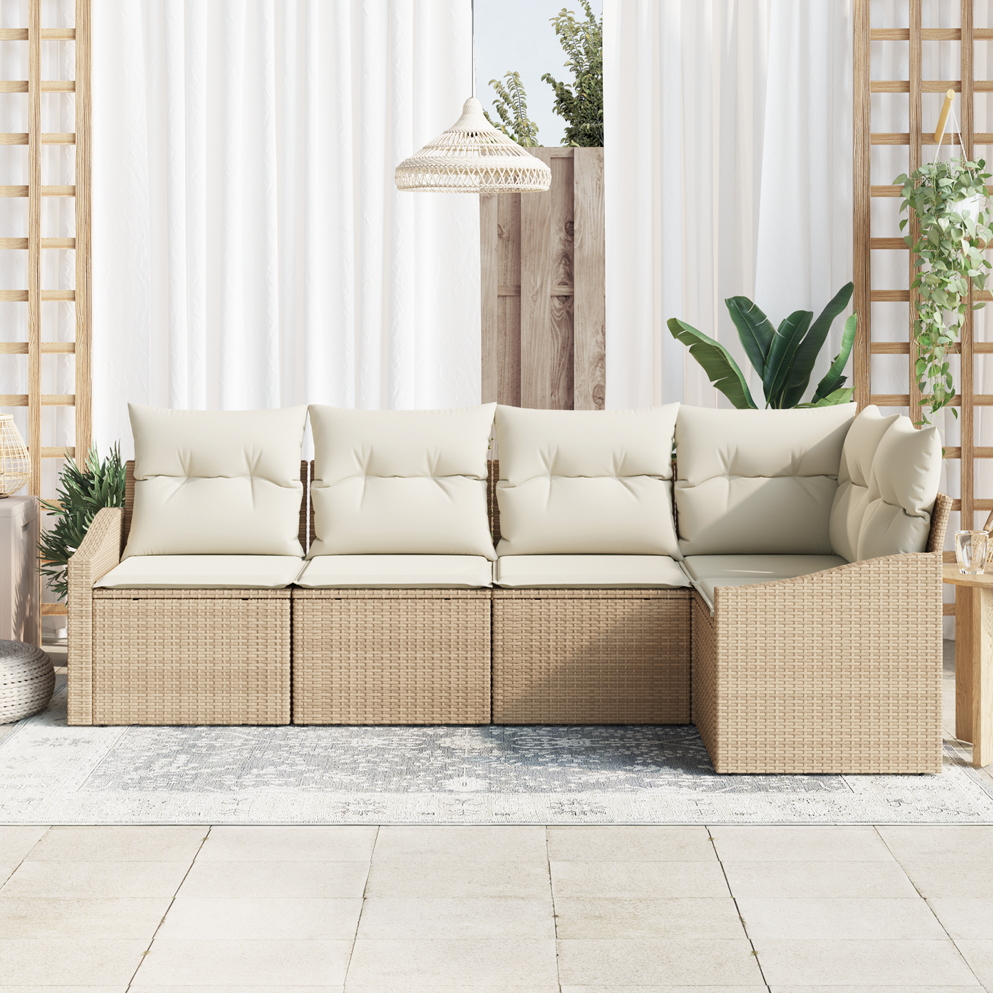 5-Delt Have Spisebord Sæt Med Puder Beige Poly Rattan