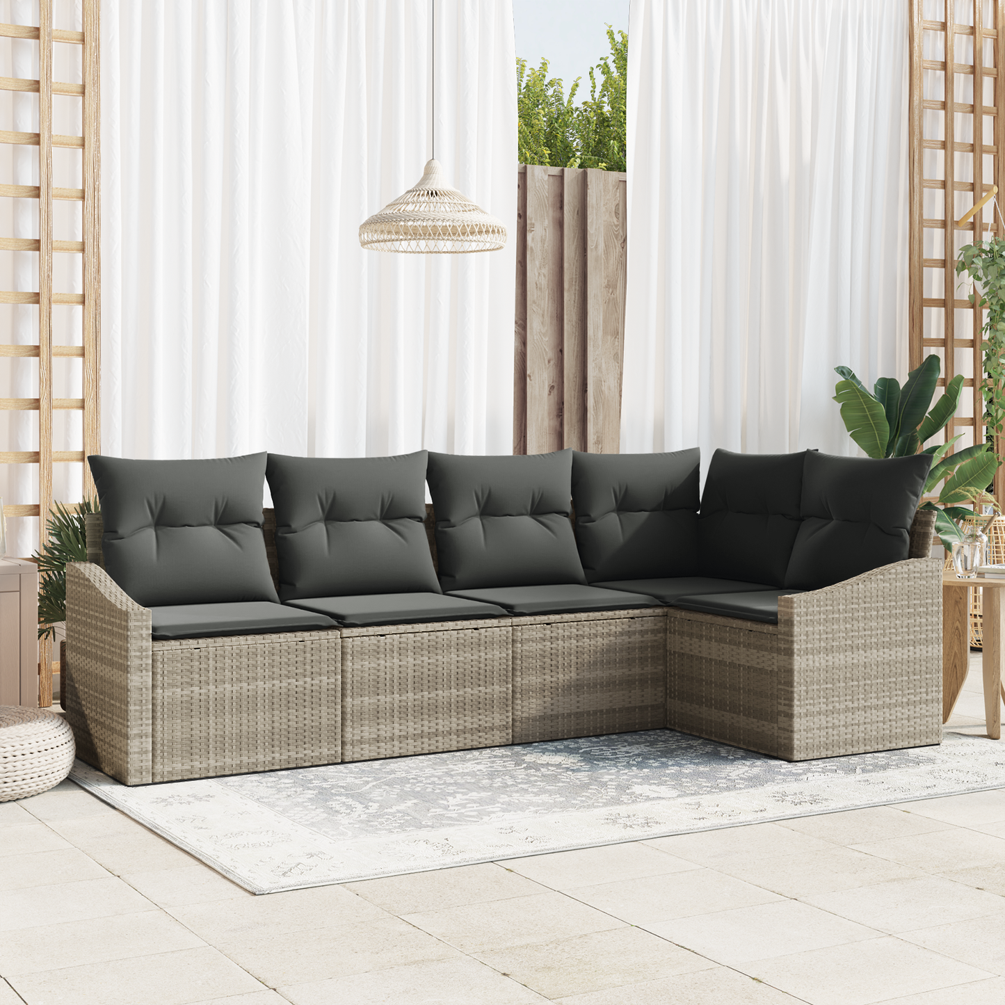 5 Deles Have Spisesæt Med Puder Lysgammel Poly Rattan