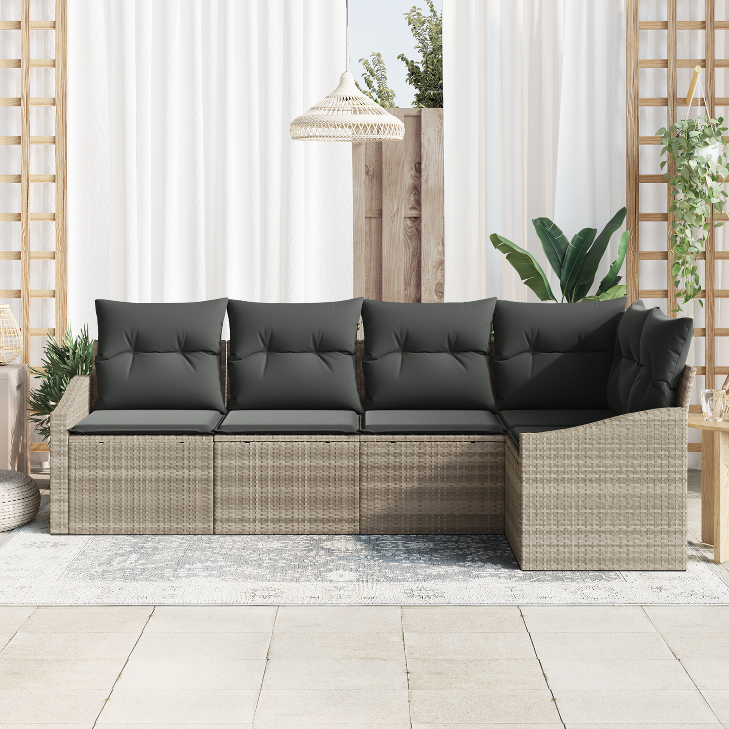 5 Deles Have Spisesæt Med Puder Lysgammel Poly Rattan