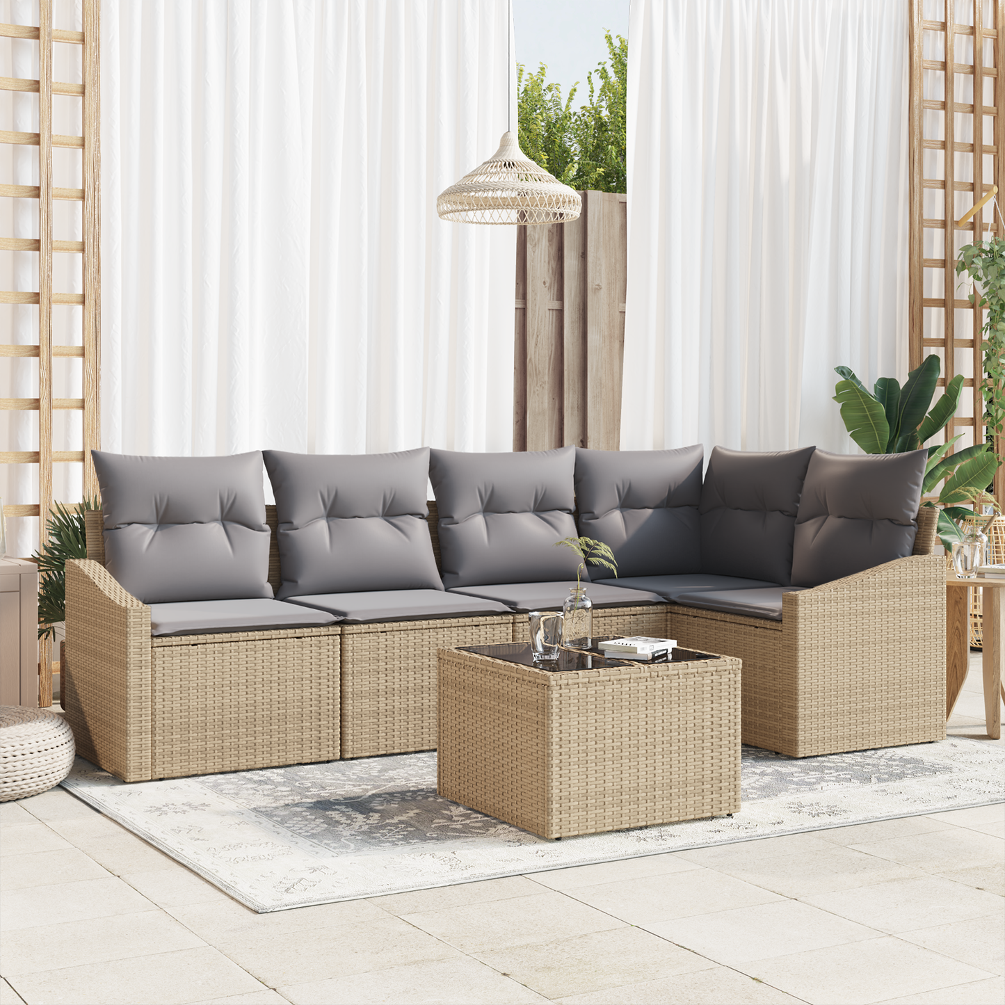 6 Stykker Have Spisebord Sæt Med Puder Sort Poly Rattan