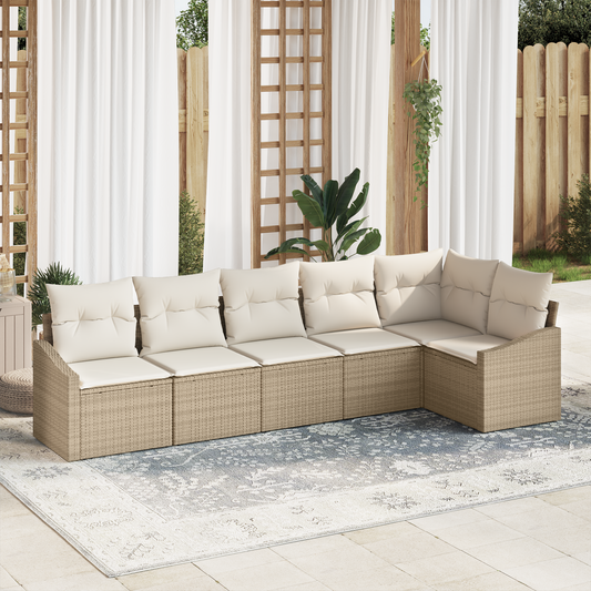 6 Delt Have Spisebord Sæt Med Puder Beige Poly Rattan