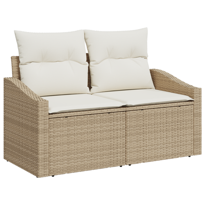 7 Delers Have Spisebordssæt Med Puder Beige Poly Rattan