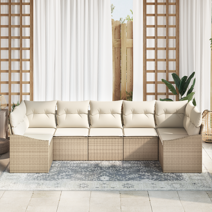 7-Delt Have Spisestue Sæt Med Puder Beige Poly Rattan