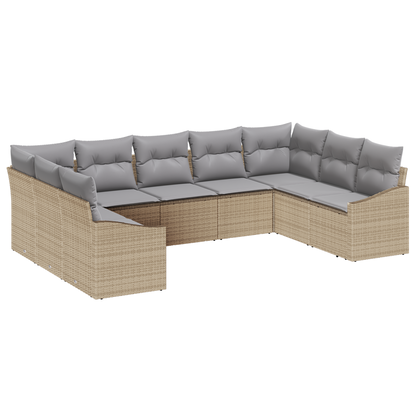 9 Delers Have Spisebord Sæt Med Puder Beige Poly Rattan