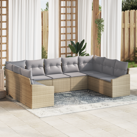 9 Delers Have Spisebord Sæt Med Puder Beige Poly Rattan