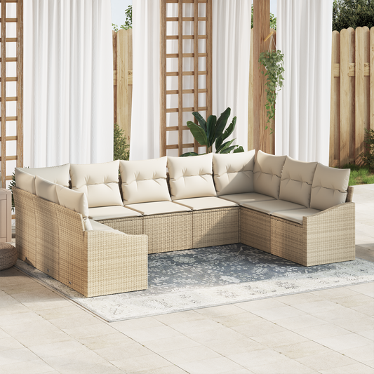 9 Dele Have Spisebord Sæt Med Puder Beige Poly Rattan