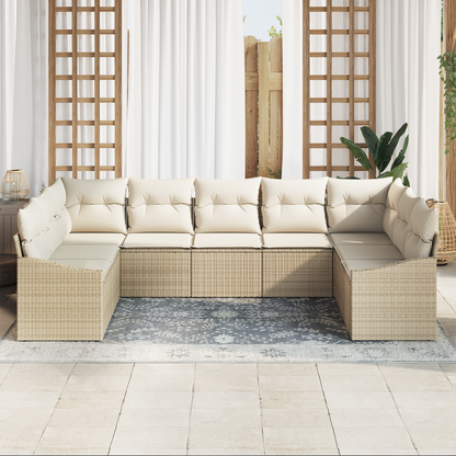 9 Dele Have Spisebord Sæt Med Puder Beige Poly Rattan