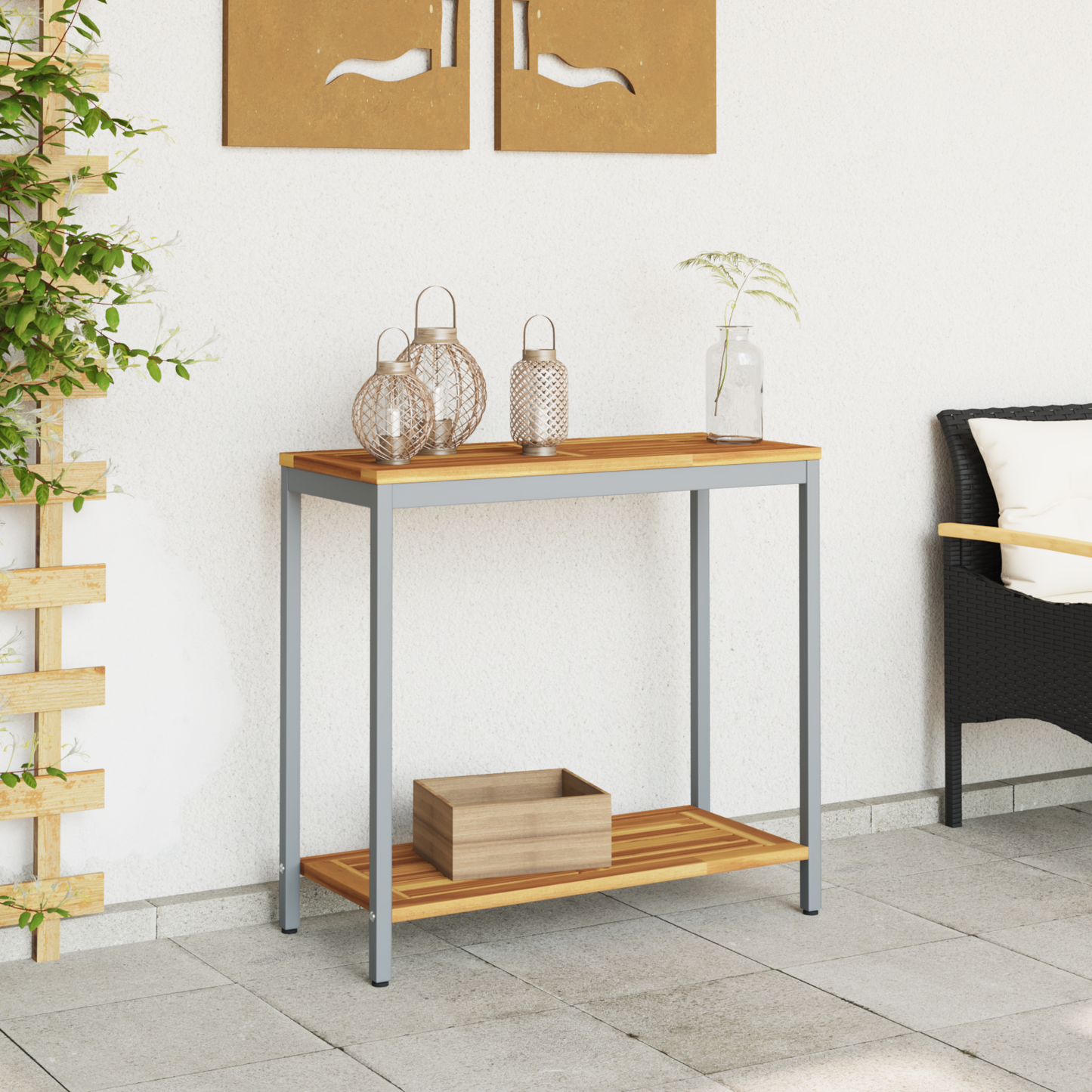 Udendørs Bord Naturlig & Grå 35X80X75 Cm Massivt Træ Og Stål
