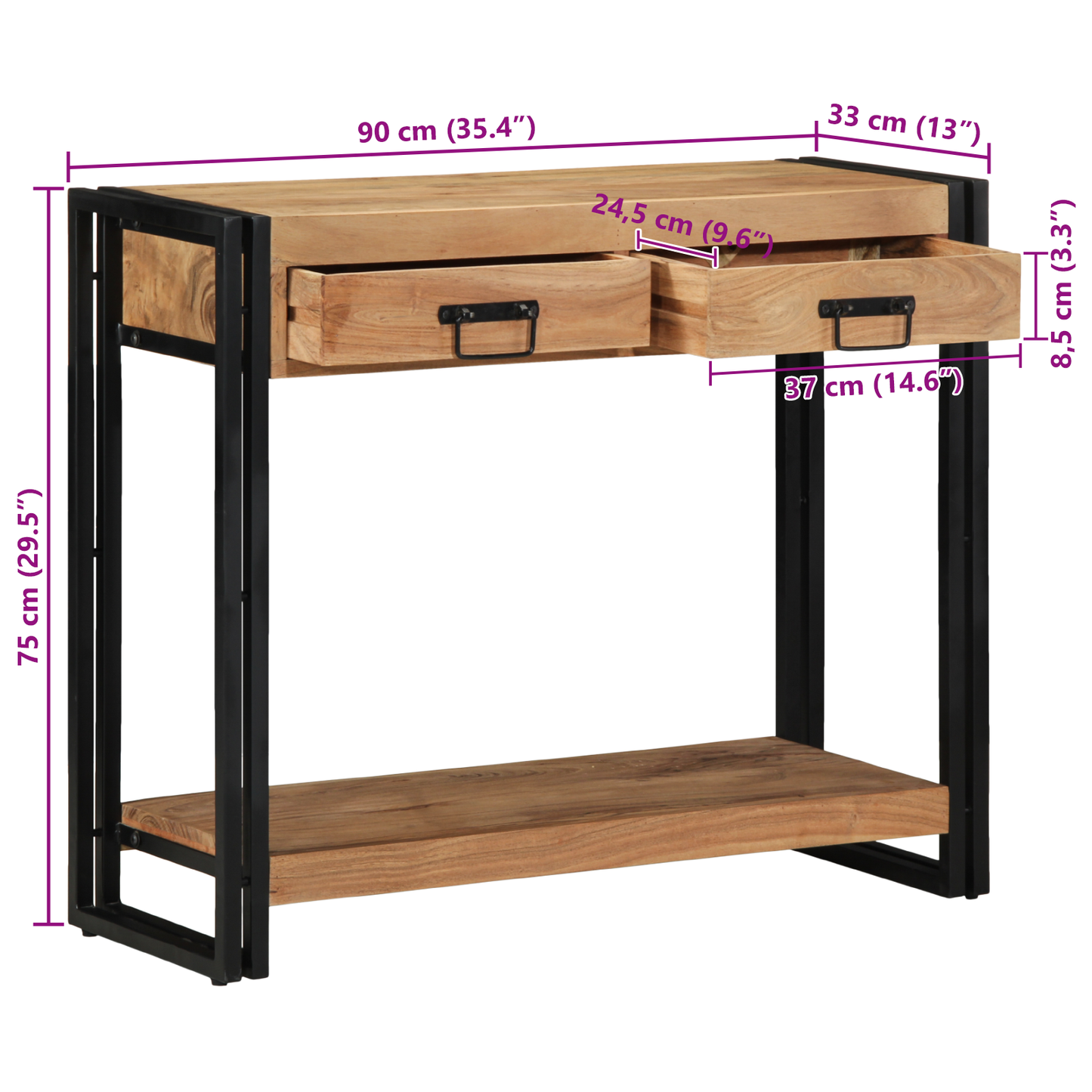 Konsolbord Sort 90X33X75 Cm Massivt Akacietræ Og Metal