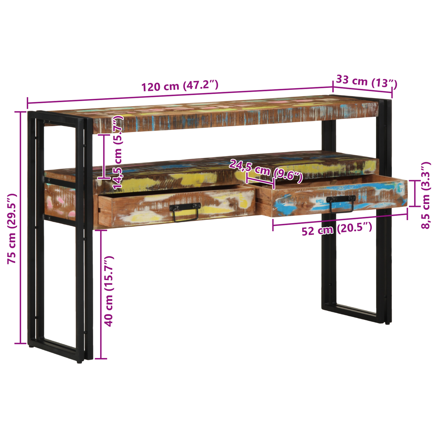 Endeborde Flerfarvet 120X33X75 Cm Solid Genbrugstræ Og Metal