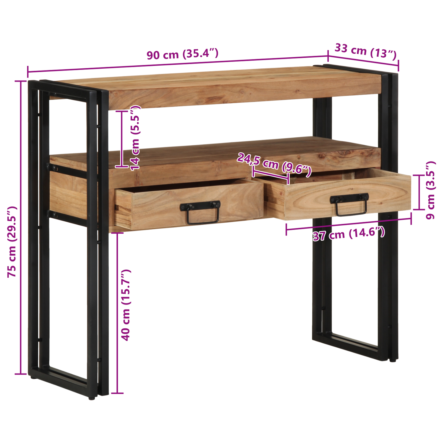 Konsolbord Sort 90X33X75 Cm Massivt Akacietræ Og Metal