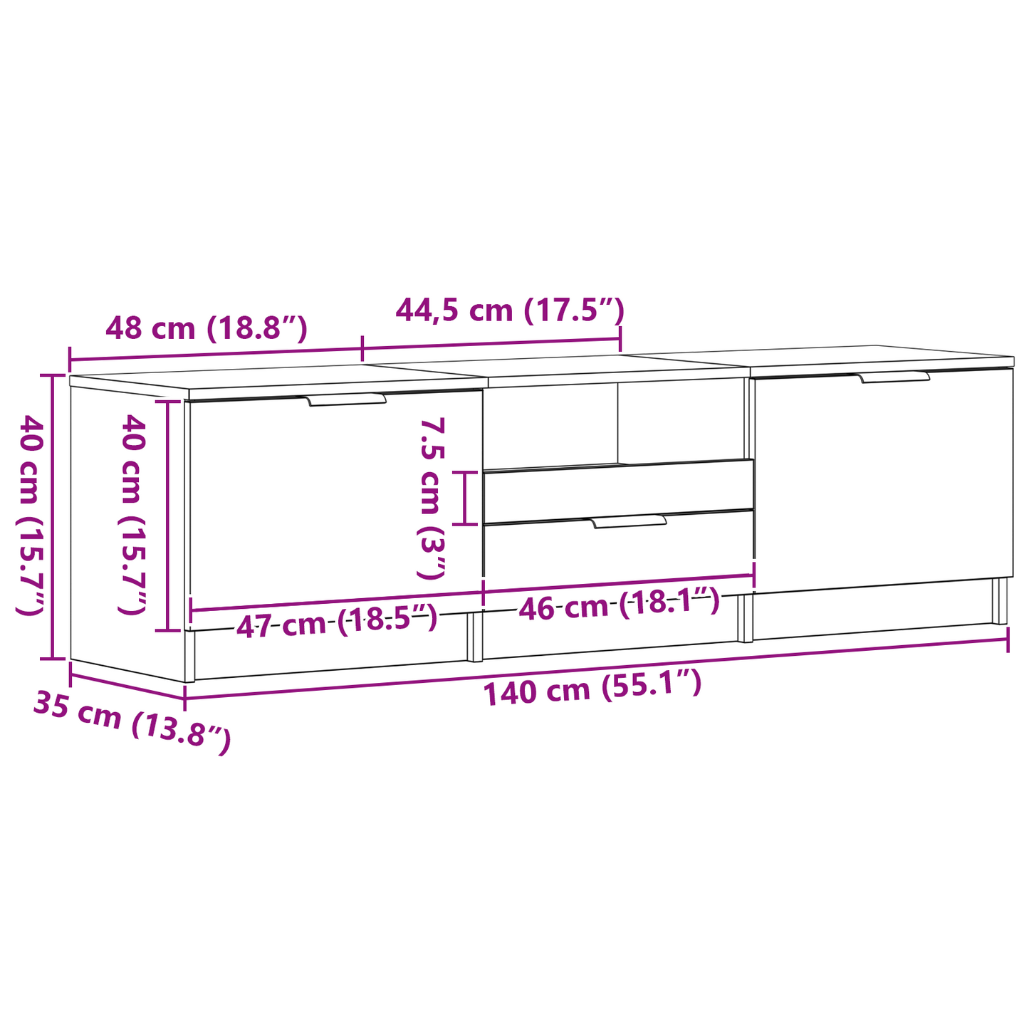 Tv-Skab Med Skuffe Sort 140 X 35 X 40 Cm Konstrueret Træ