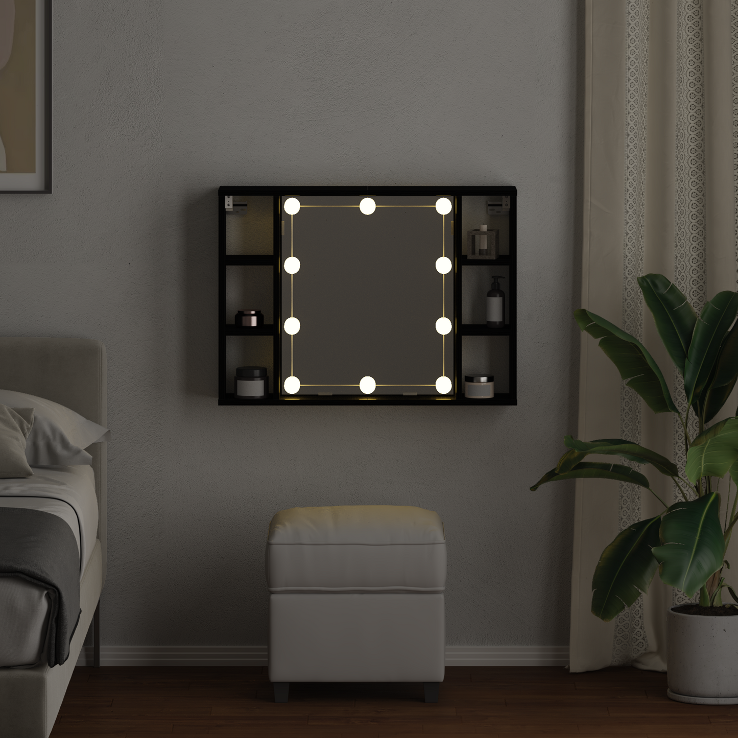 Led Spejlskab - Sort Eg - 76X15X55 Cm - Lavet Af Konstrueret Træ