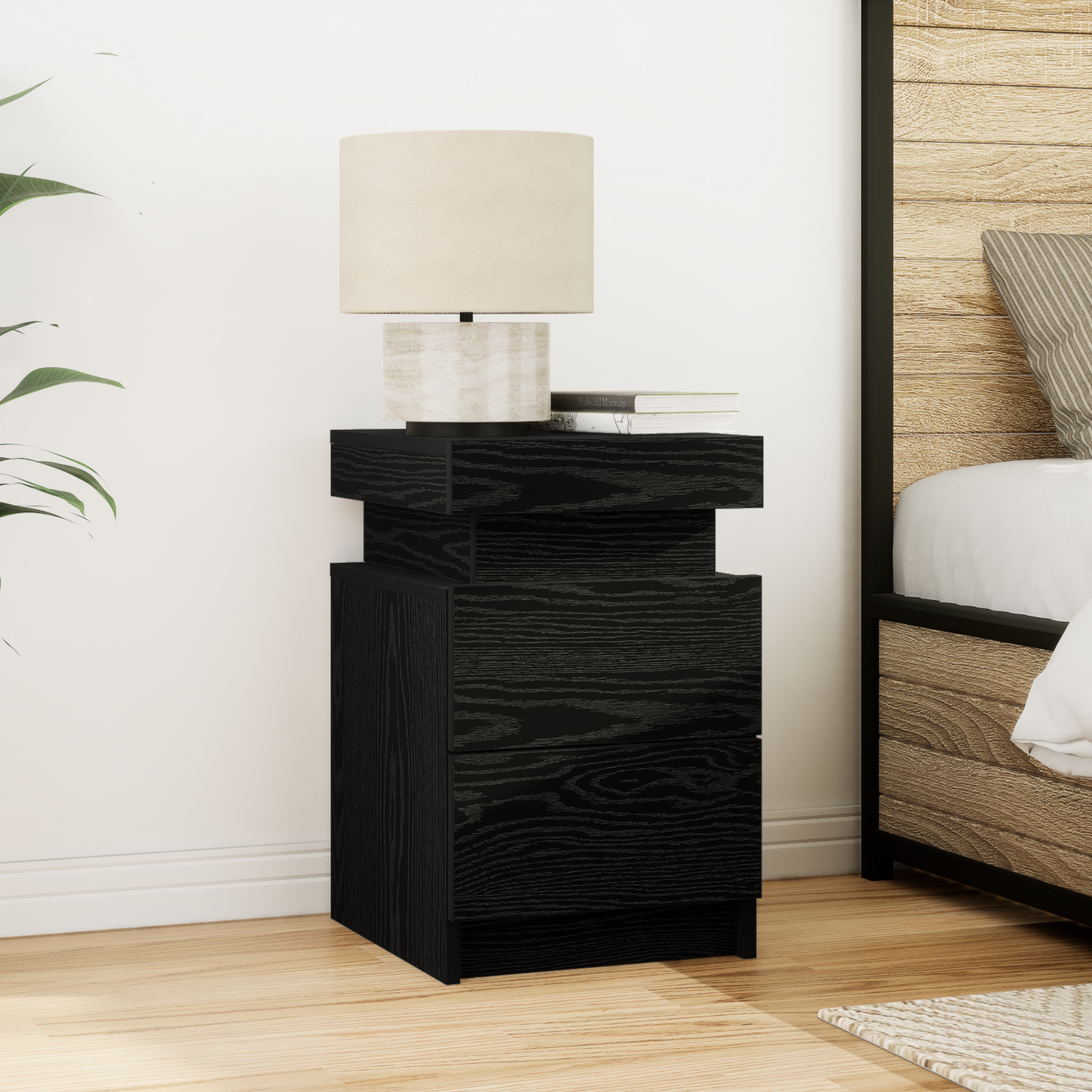 Sengebord Med Led-Lys Sort Eg 35X39X55 Cm