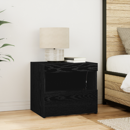 Sengebord Med Led-Lys Sort Eg 50X40X45 Cm