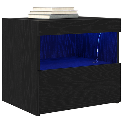 Sengebord Med Led-Lys Sort Eg 50X40X45 Cm