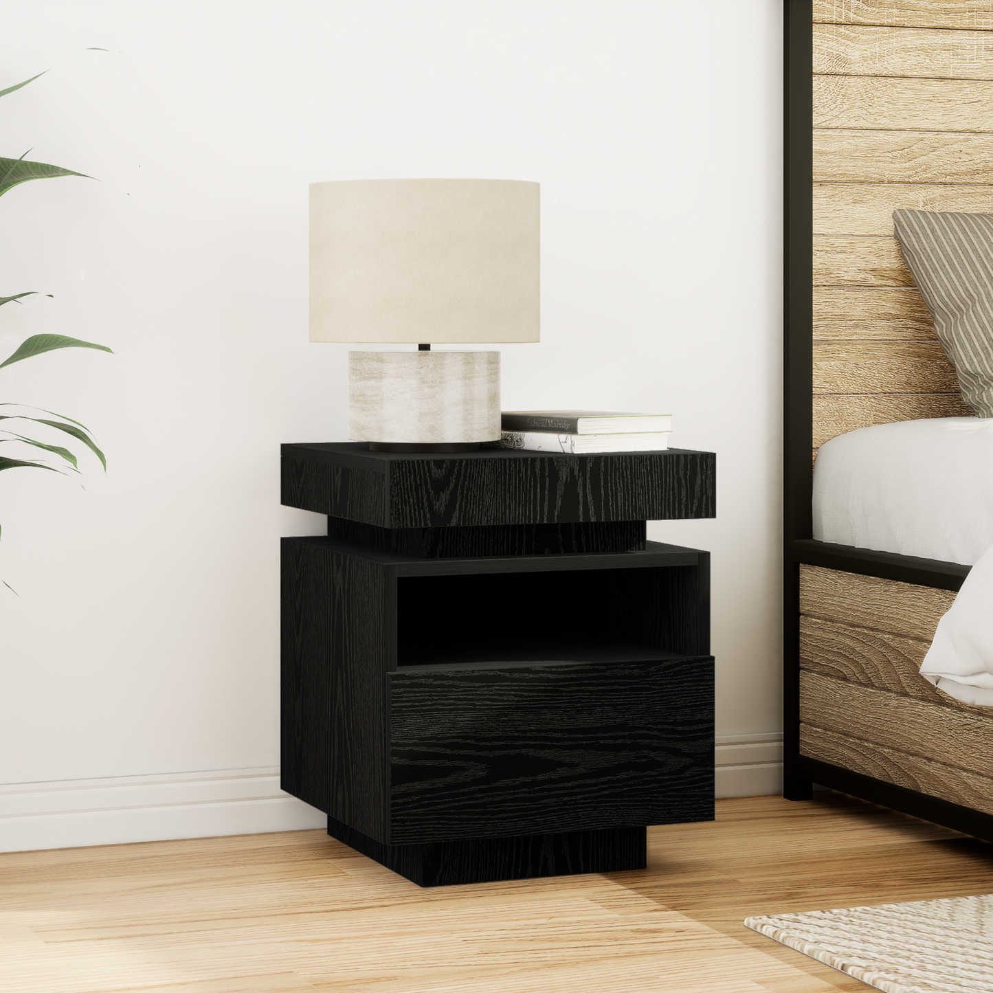 Sengebord Med Led-Lys 2 Stk Sort Eg 40X39X48,5 Cm
