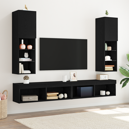 Led Tv Skab 2 Stk Sort Eg 30,5X30X102 Cm Konstrueret Træ