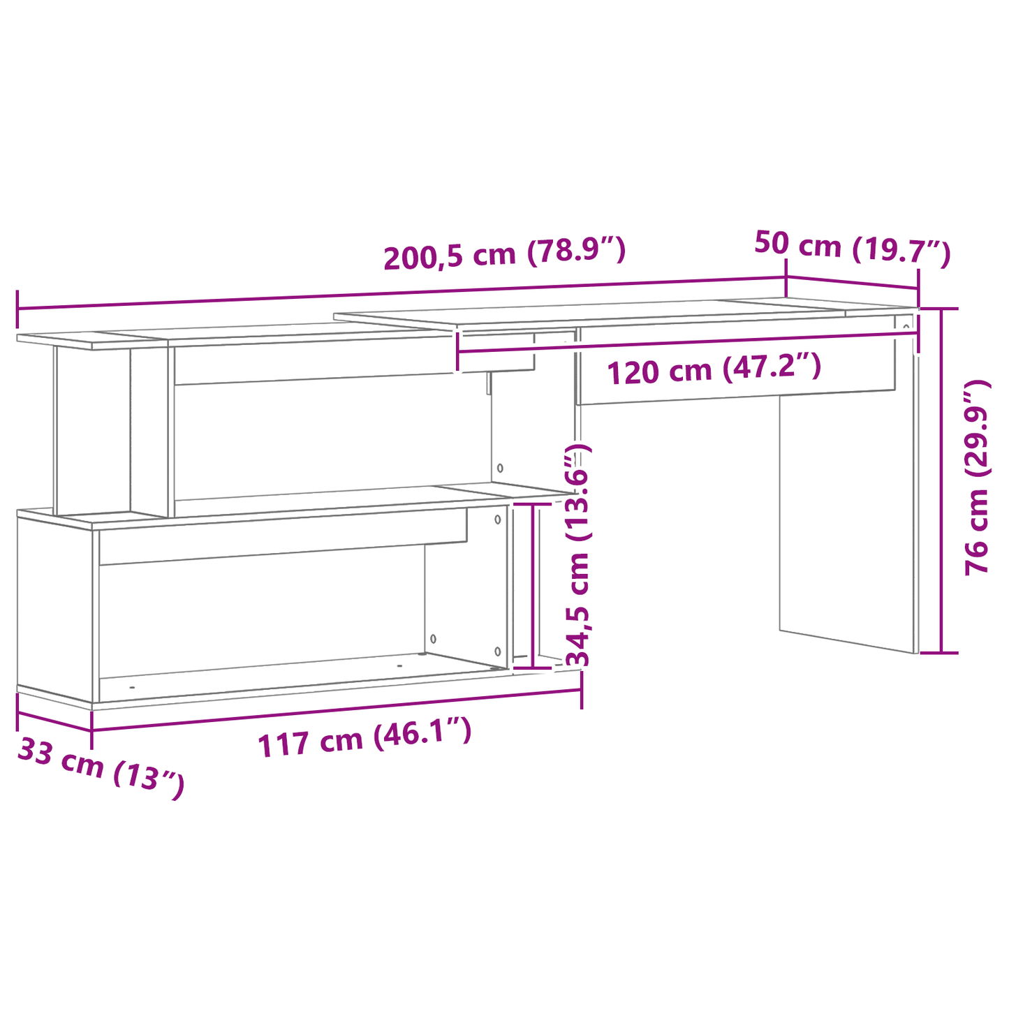 Skrivebord Sort Eg 200X50X76 Cm Konstrueret Træ
