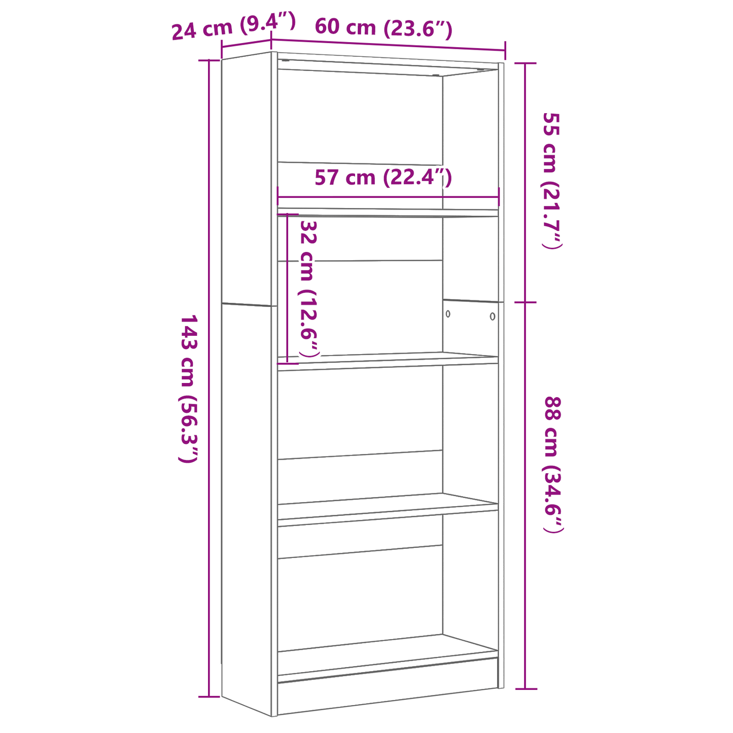 Bogreol Sort Eg 60 X 24 X 143 Cm Konstrueret Træ