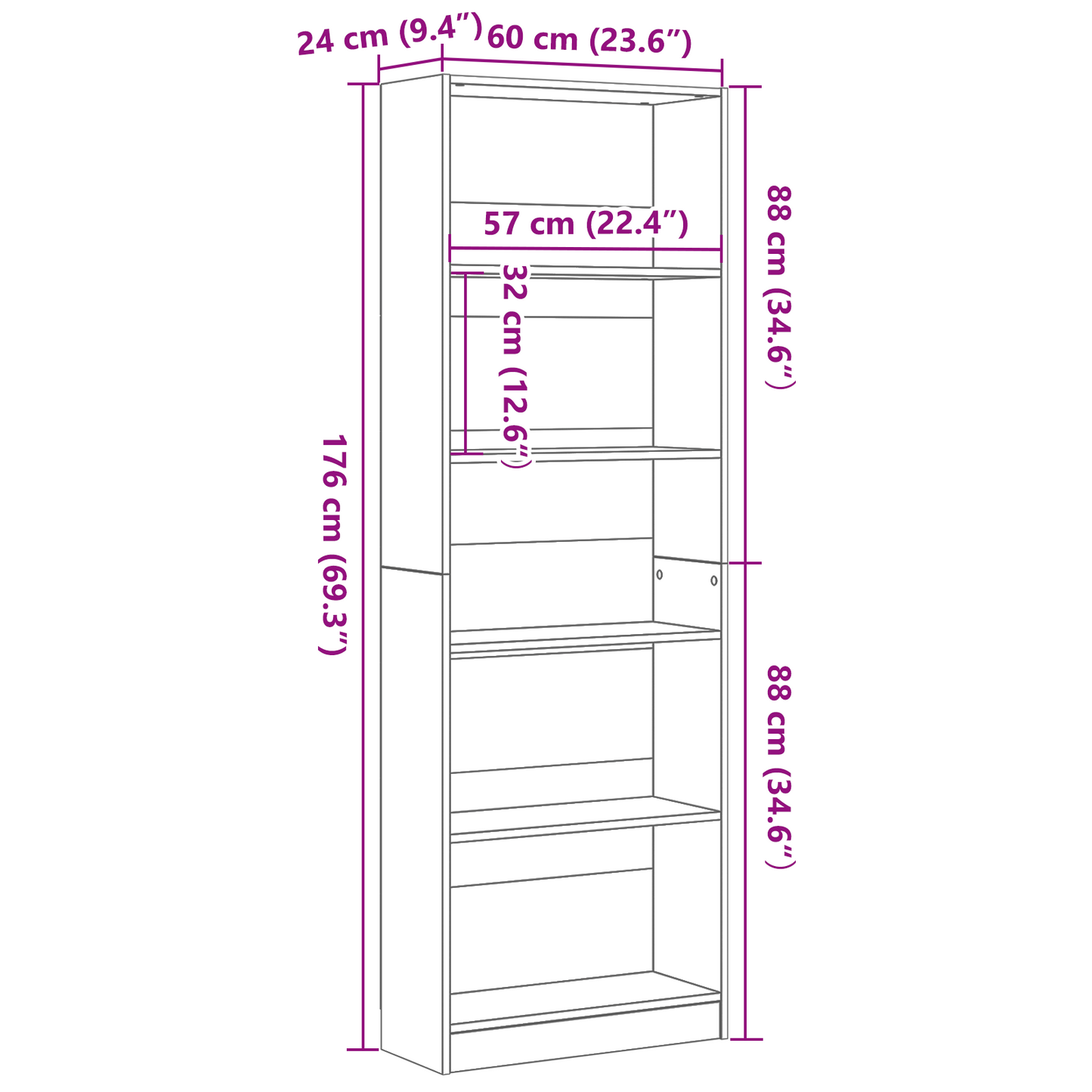Bogreol Sort Eg 60 X 24 X 176 Cm Konstrueret Træ