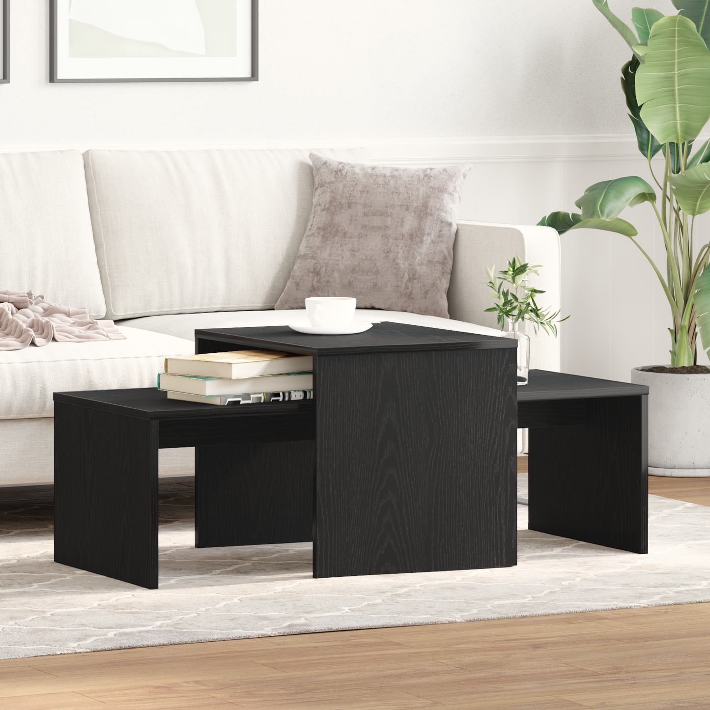 Sæt Af Borde Sort Eg 100X48X40 Cm Ingeniørtræ