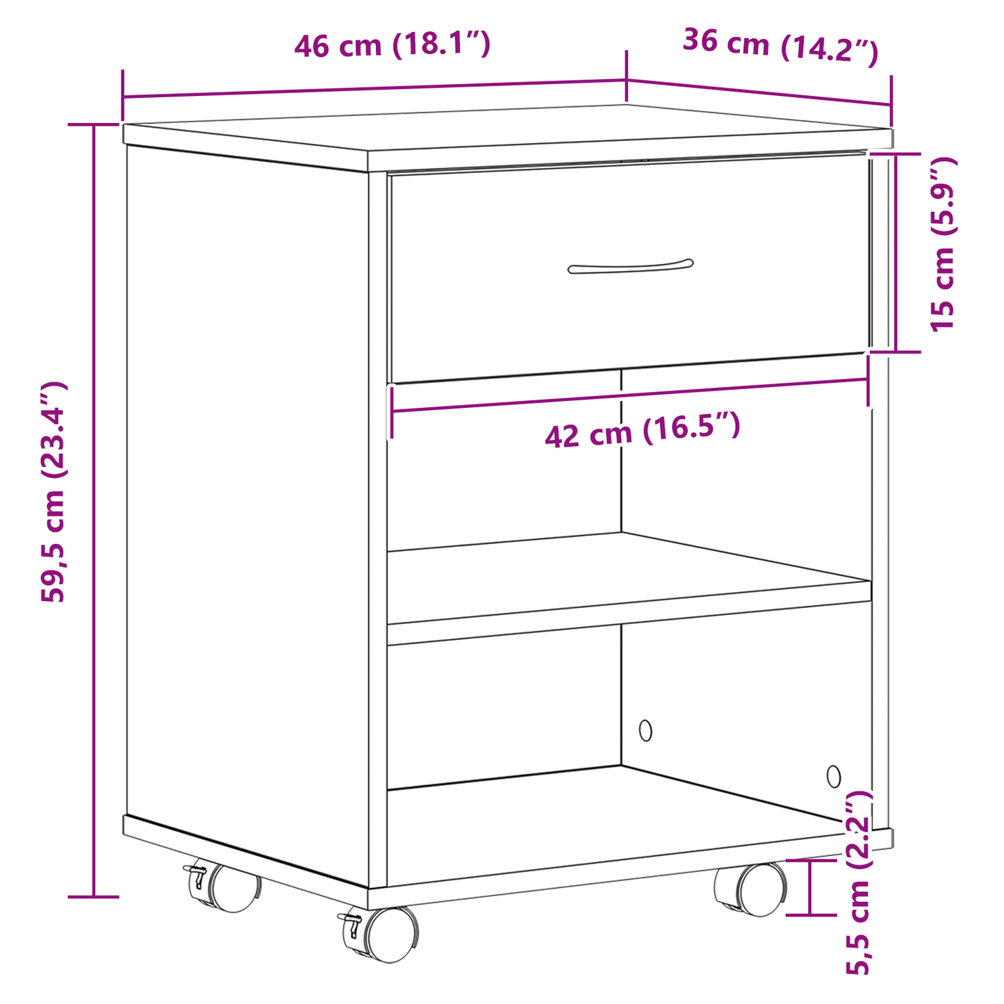 Rulleskab Sort Eg 46X36X59 Cm Selvbygget Træ