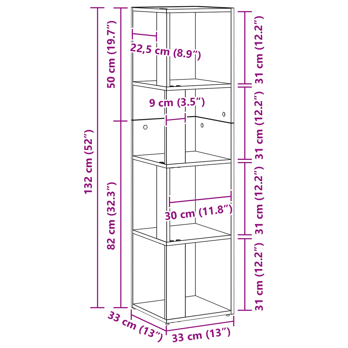 Bogreol I Sort Eg 33X33X132 Cm - Konstrueret Træ
