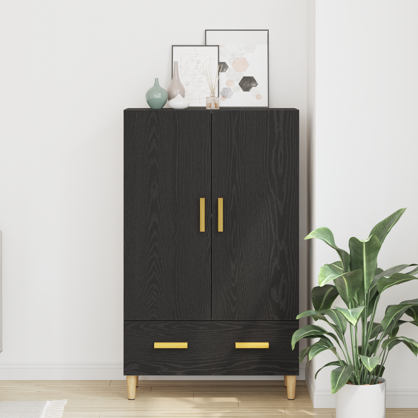 Highboard Med Skuffe Sort 70 X 31 X 115 Cm Konstrueret Træ