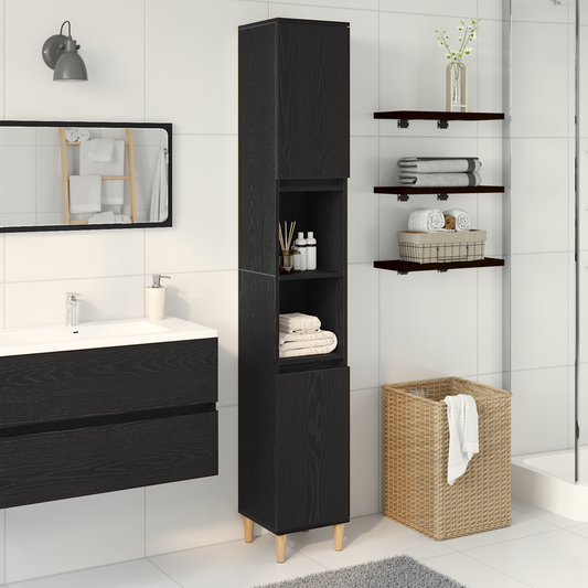 Badeværelsesskab Sort Eg 30 X 30 X 190 Cm Konstrueret Træ