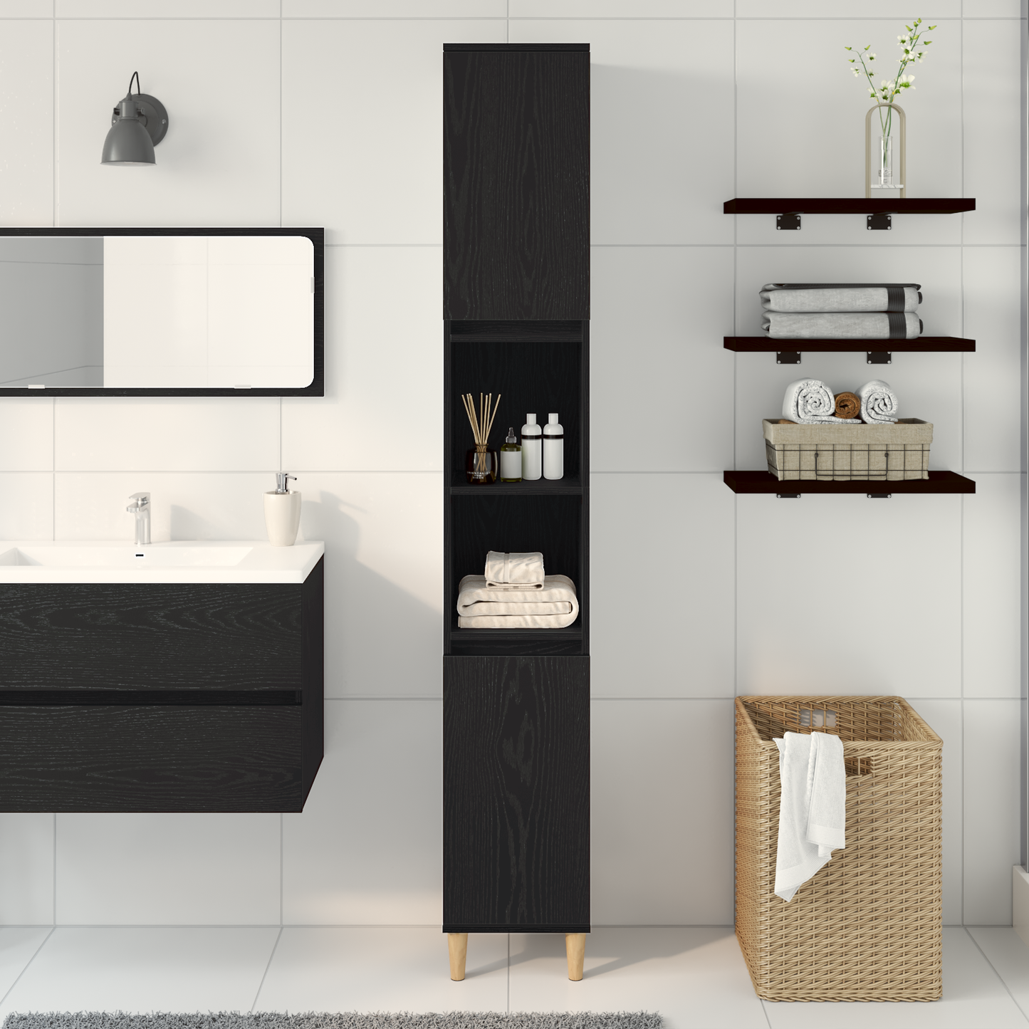 Badeværelsesskab Sort Eg 30 X 30 X 190 Cm Konstrueret Træ