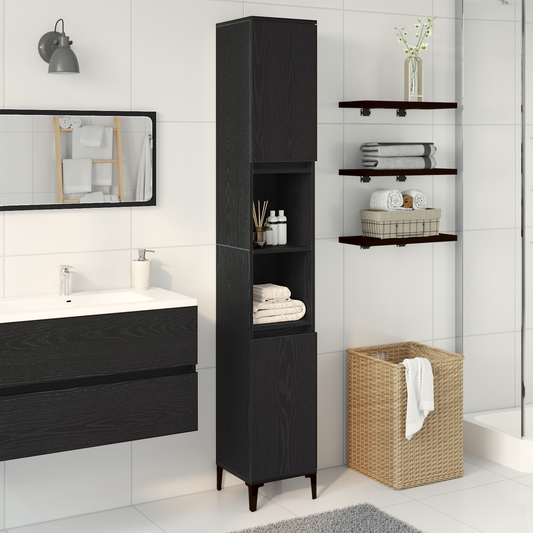 Badeværelsesskab Sort Eg 30 X 30 X 190 Cm Konstrueret Træ