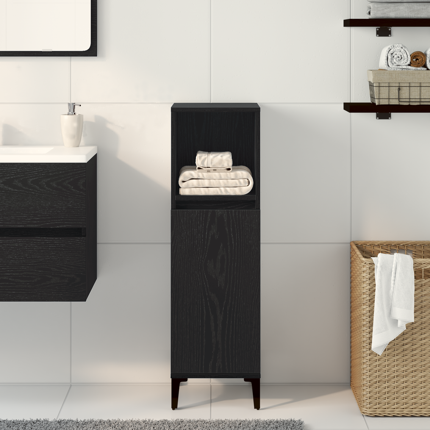 Badeværelsesskab Sort Eg 30 X 30 X 100 Cm Konstrueret Træ