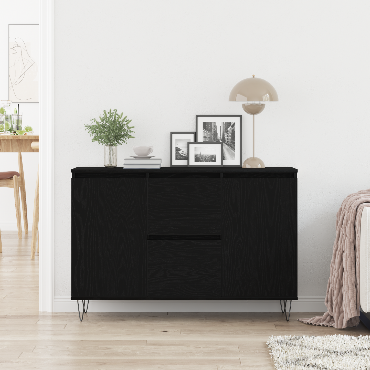 Sideboard Med Skuffe Sort Eg 101,5 X 35 X 70 Cm Konstrueret Træ