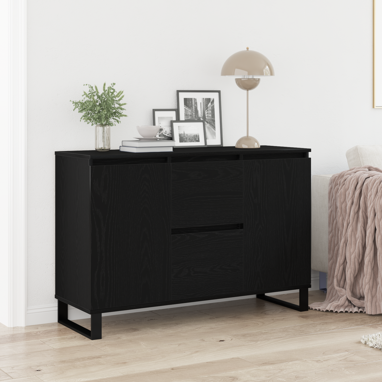 Sideboard Med Skuffe Sort Eg 101,5 X 35 X 70 Cm Konstrueret Træ