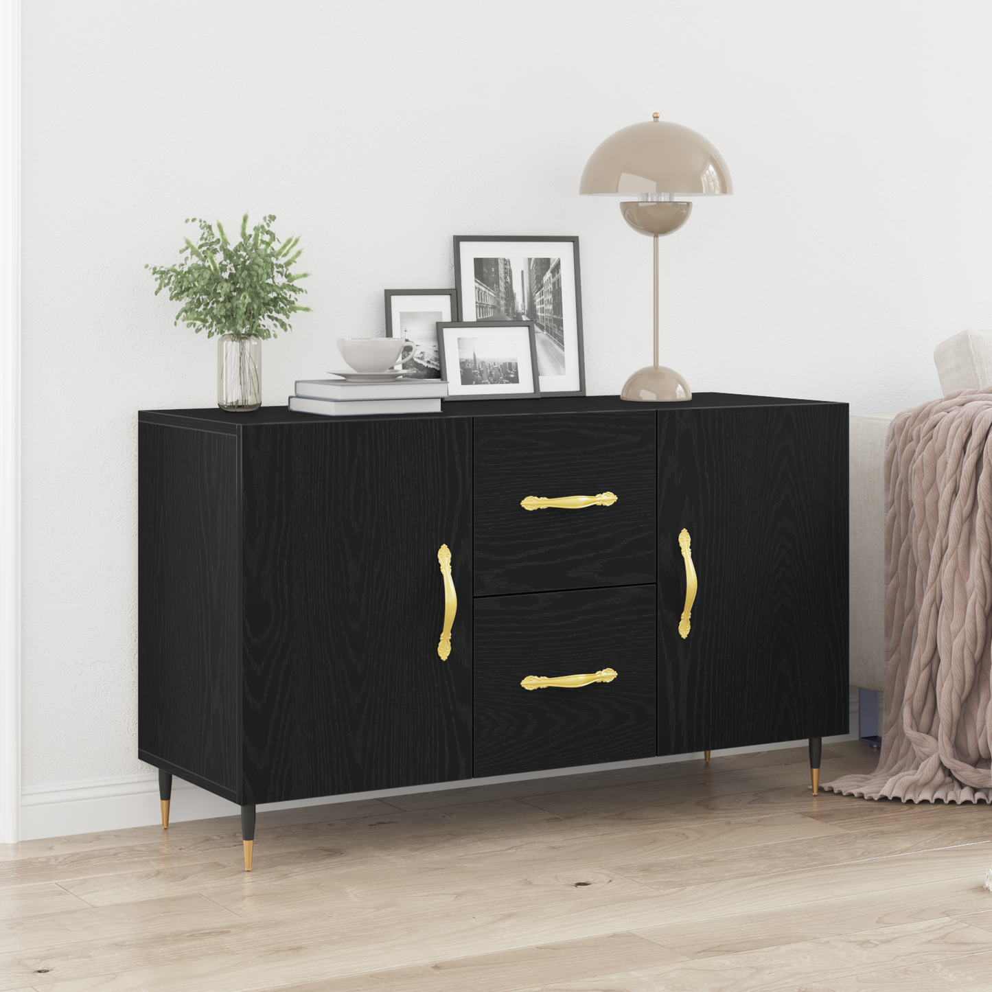 Sideboard Med Skuffe Sort Eg 100 X 36 X 60 Cm Konstrueret Træ
