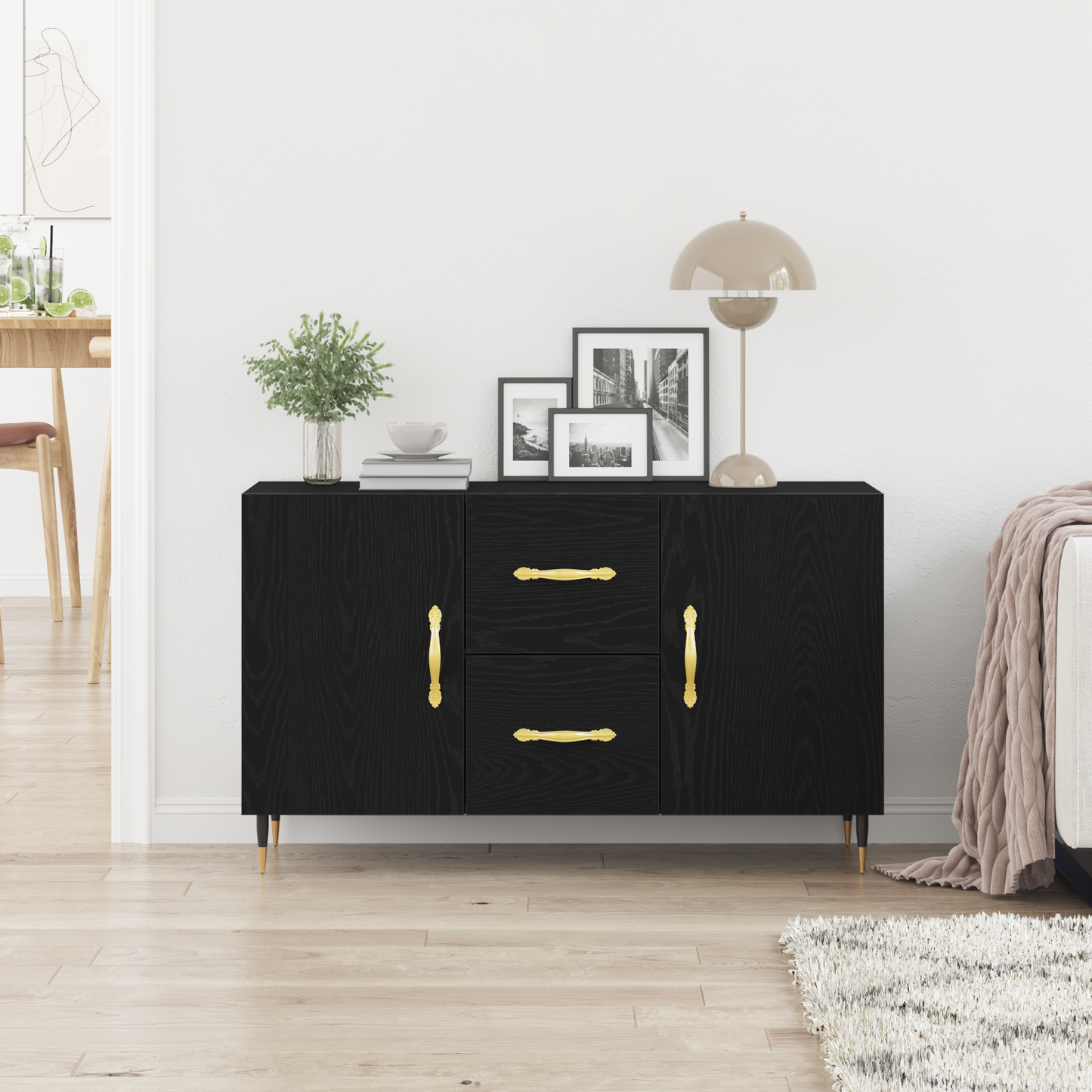 Sideboard Med Skuffe Sort Eg 100 X 36 X 60 Cm Konstrueret Træ