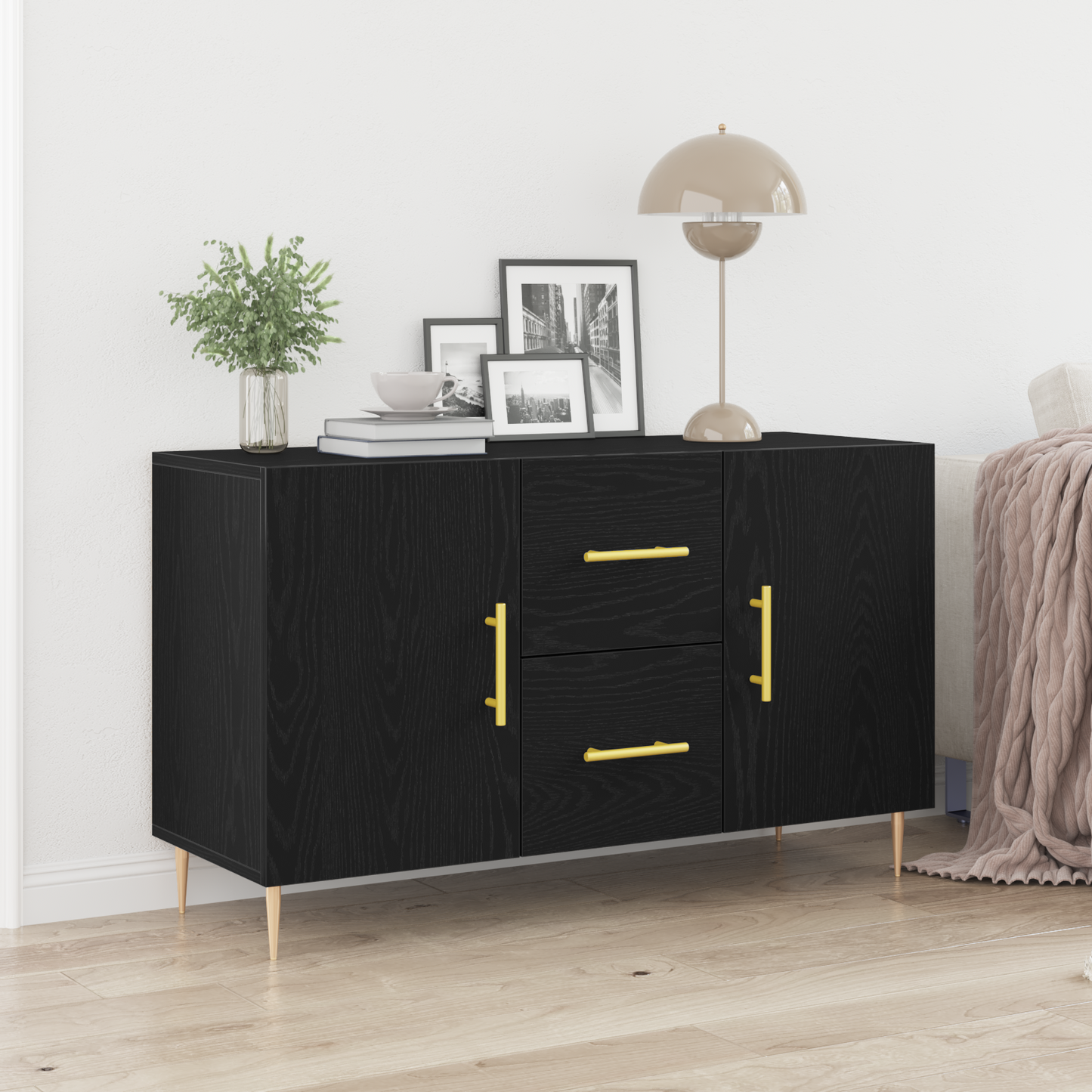 Sideboard Med Skuffe Sort Eg 100 X 36 X 60 Cm Konstrueret Træ